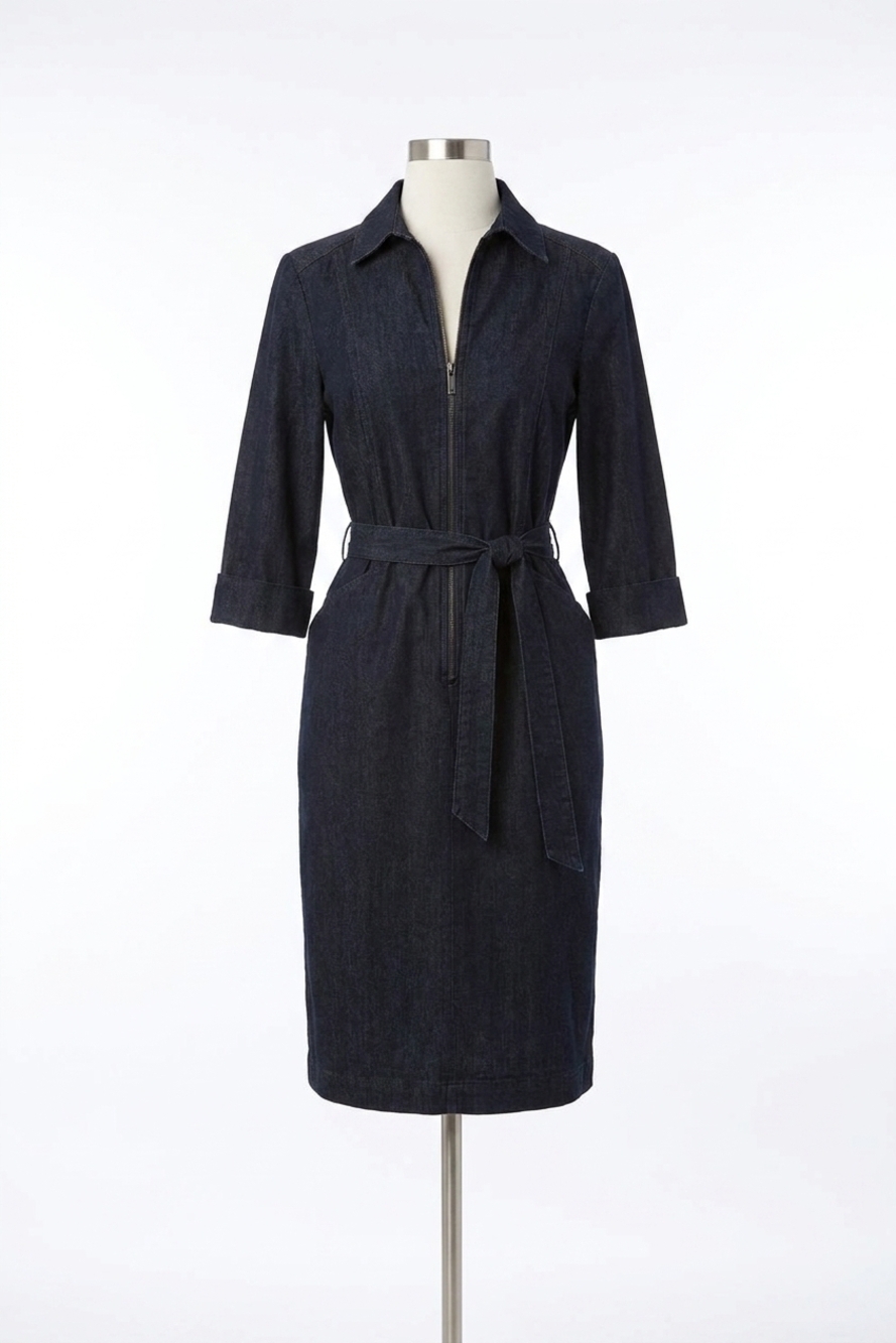 NEW JOSEPH RIBKOFF half zip belted shirt dress in dark denim blue